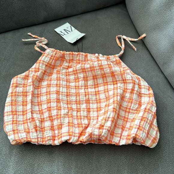 ZARA Kids | Orange | TEXTURED PLAID BALLOON SHIRT - Picture 5 of 6